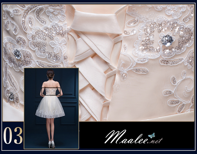 พร้อมเช่า ชุดราตรีสั้น เกาะอก แต่งดอกช่วงอก ผ้าตาข่ายปักเลื่อม แต่งโบว์คริสตัลช่วงเอว สีครีม Champagne