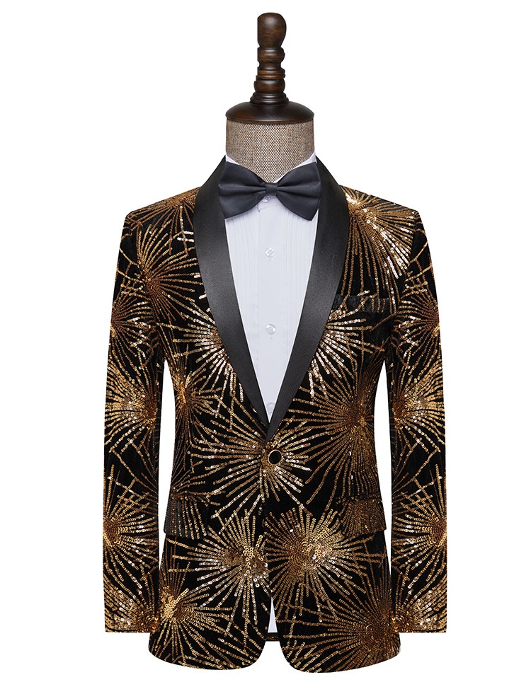 Pre-order เสื้อสูทชาย สูทแฟชั่น สูทดำแต่งเลี่อมเป็นดอกไม้สีทอง
