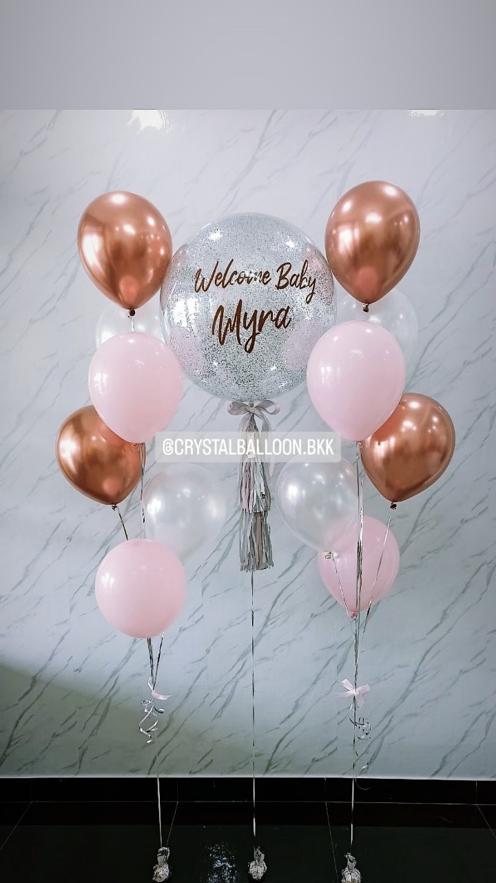 ลูกโป่ง Welcome Baby Girl Bubble ขนาด 24" สีเงิน พร้อมตกแต่ง ช่อลูกโป่ง 6 ลูก 2 ช่อ,ลูกโป่งใส ใส่กลิตเตอร์ สามารถเปลี่ยนสีลูกโป่ง/เปลี่ยนข้อความ/เปลี่ยนขนาดได้
