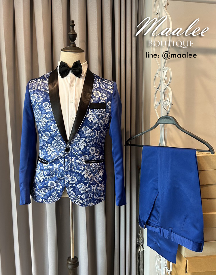 พร้อมเช่า ชุดสูทจีนชาย สีน้ำเงิน แต่งปกดำ ซาติน