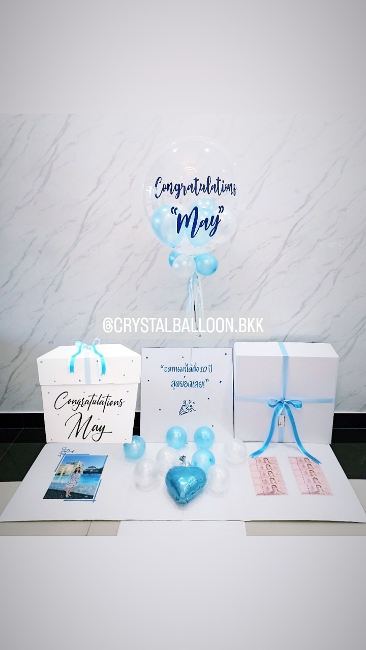 Surprise Box กล่องเซอร์ไพรส์วันครบรอบ Bubble USA ขนาด 24'' Theme สีฟ้า พร้อมตกแต่ง สามารถใส่รูปได้ 4 รูป สามารถเปลี่ยนสีลูกโป่ง/เปลี่ยนข้อความได้