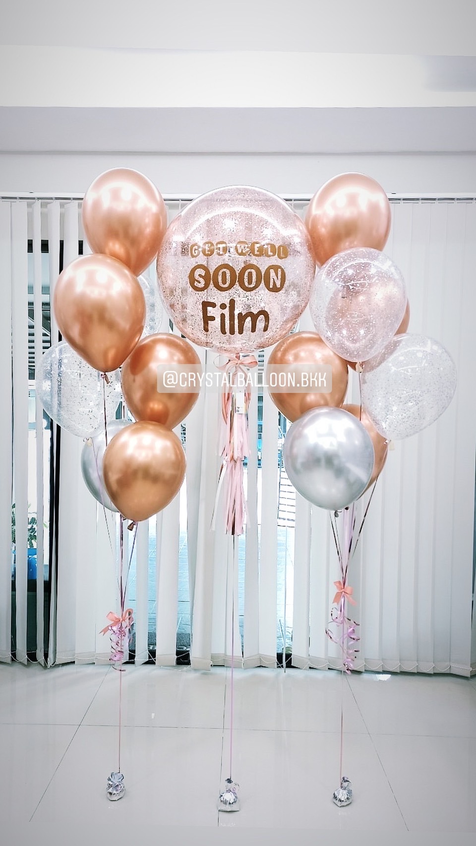 ลูกโป่ง เยี่ยมไข้ Bubble ขนาด 24" Theme สีโรสโกล พร้อม ช่อลูกโป่ง ช่อ 7 ลูก 2 ช่อ,ลูกโป่ง ใส ใส่กลิตเตอร์ พร้อมตกเเต่ง สามารถเปลี่ยนสีลูกโป่ง/เปลี่ยนข้อความ/เปลี่ยนขนาดได้