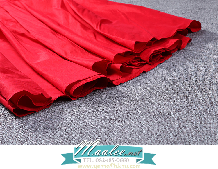 พร้อมเช่า ชุดราตรียาว เกาะอก ไหล่เดียว ทรงหางปลา ผ้าแพรยืดตามตัว แหวกหน้าขา สีแดง