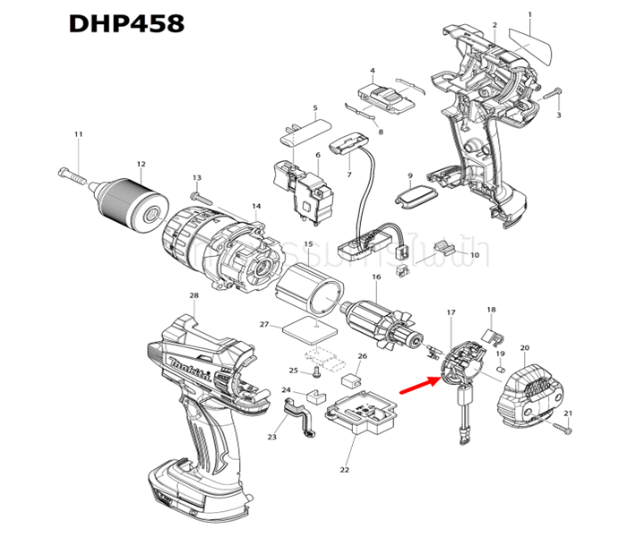 ซองถ่าน สว่านเจาะกระแทกไร้สาย Makita มากีต้า DDF458, DHP458 [#17] Pn.638614-1 (แท้) ##