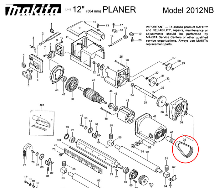 สายพาน เครื่องไสไม้ Makita รุ่น 2012NB [#39] Pn.225083-1 (แท้) ##(**)