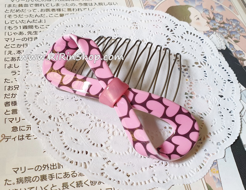 Aznavour หวีสับ&หวีเสียบเซลลูโลส โบว์ลายหัวใจ (Pink)