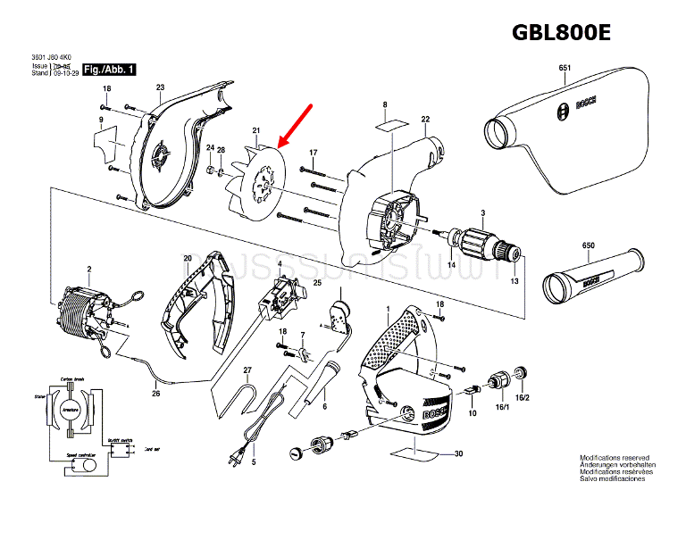 พัดลม เครื่องเป่าลม Bosch บอช GBL 800 E, GBL82-270 [#21] Pn.1606610156 (แท้)##(*)