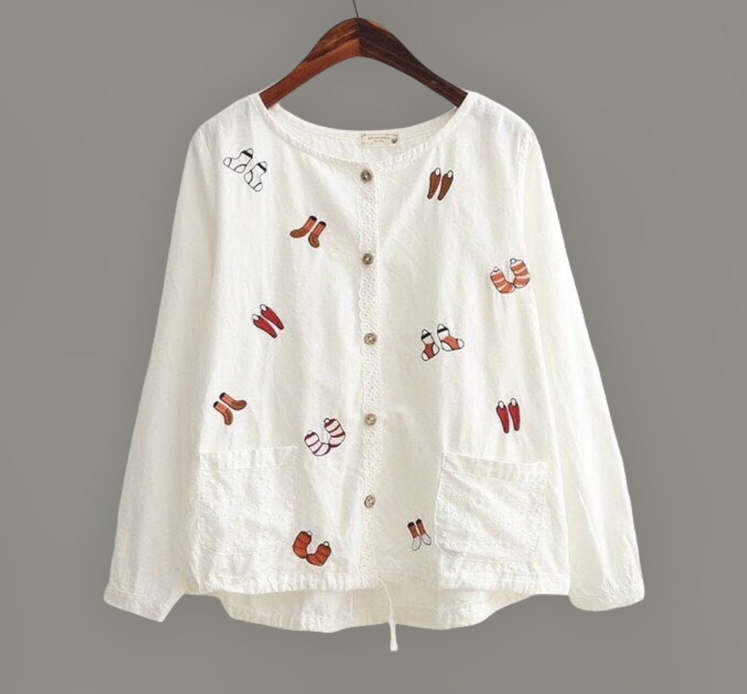 เสื้อผ้าฝ้ายลายปักแต่งกระเป๋าผ้าลูกไม้