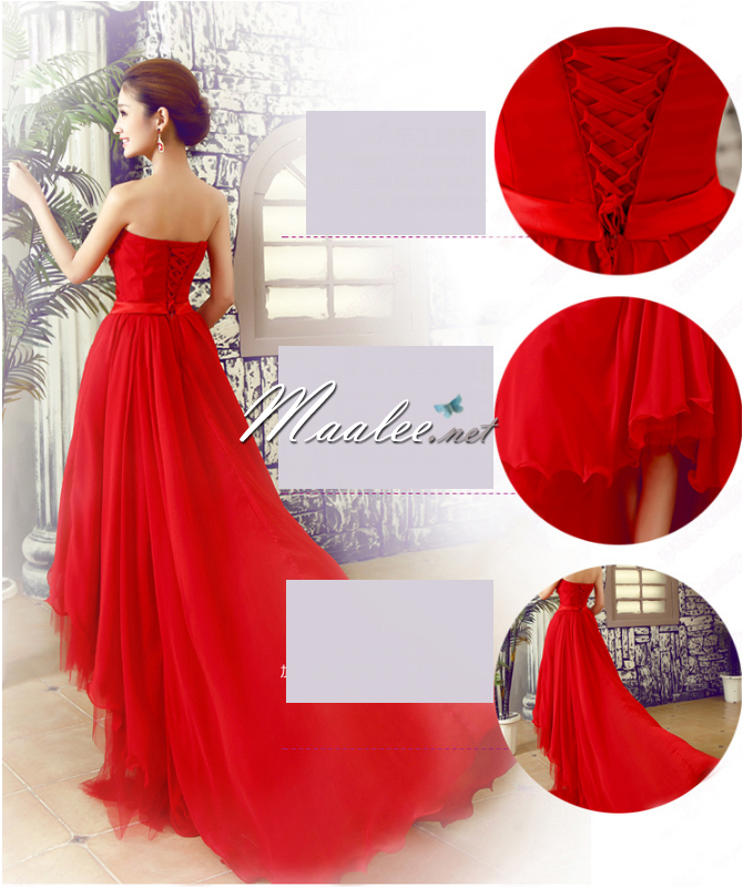 พร้อมเช่า ชุดราตรีสั้น เกาะอก หน้าสั้นหลังยาว คอจับเดรปรูปหัวใจ สีแดง