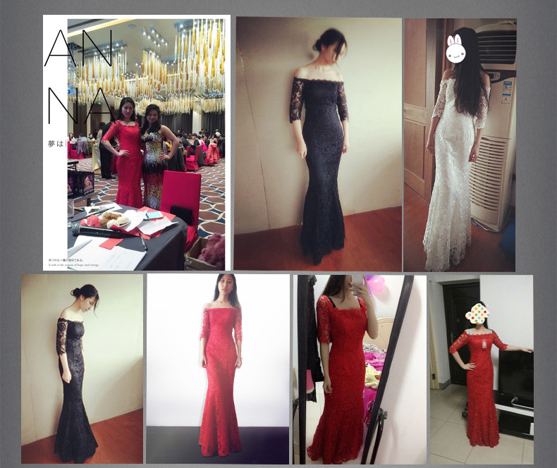 พร้อมเช่า ชุดราตรียาว สีดำ ทรงหางปลา ลูกไม้ทัั้งตัว เปิดไหล่ แขนสามส่วน (เชือกผูกหลัง)