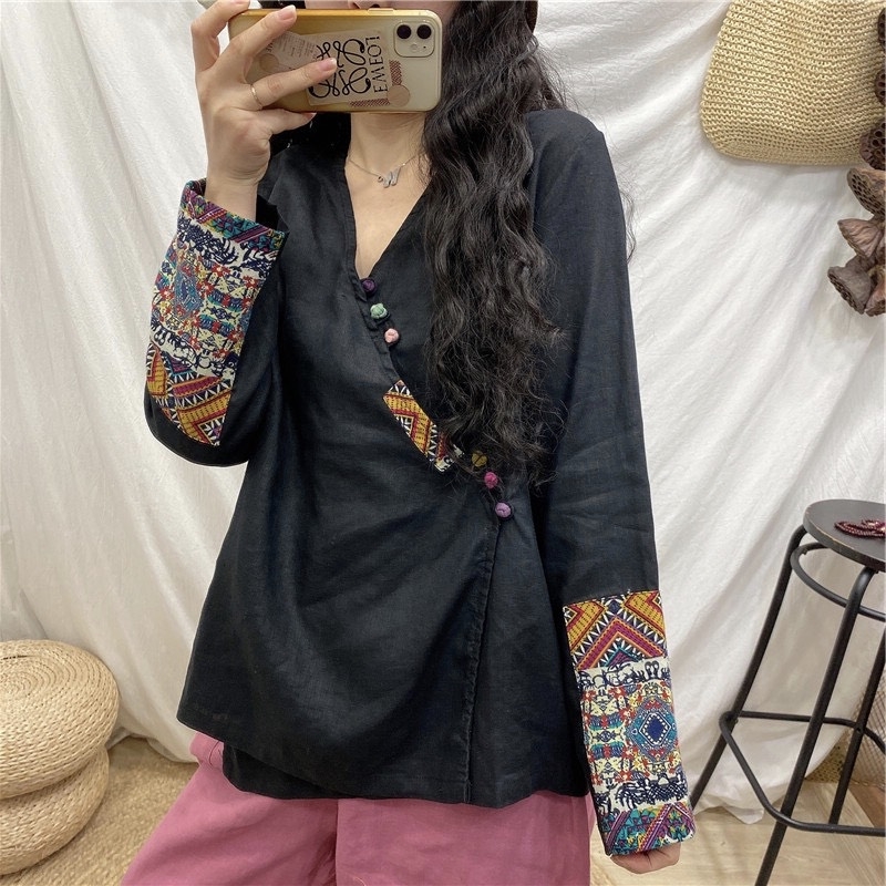 เสื้อคอวีผ้าลินิน
