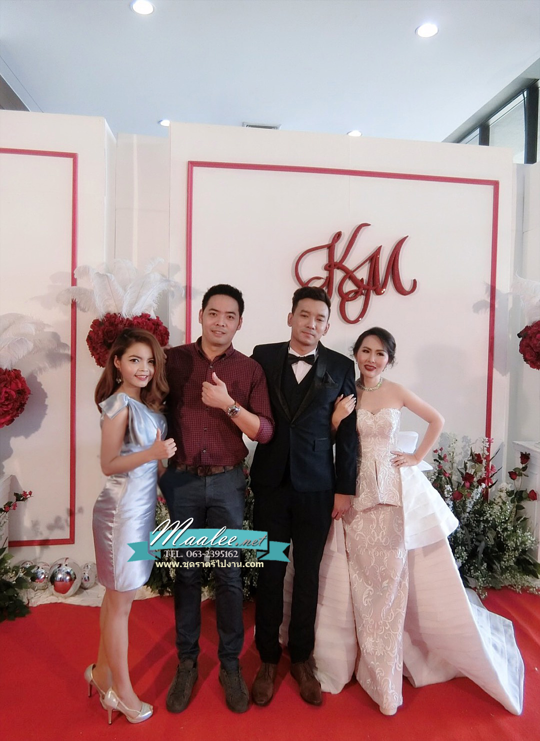 พร้อมเช่า ชุดราตรี สีเทา บ่าเฉียง ทรงเข้ารูป แต่งโบว์ที่ไหล่ (ซิปหลัง)