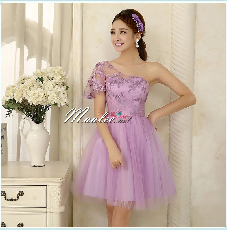 พร้อมส่ง ชุดราตรีสั้น ชุดเพื่อนเจ้าสาว ไหล่เดียว สีม่วง Purple Pp-001B