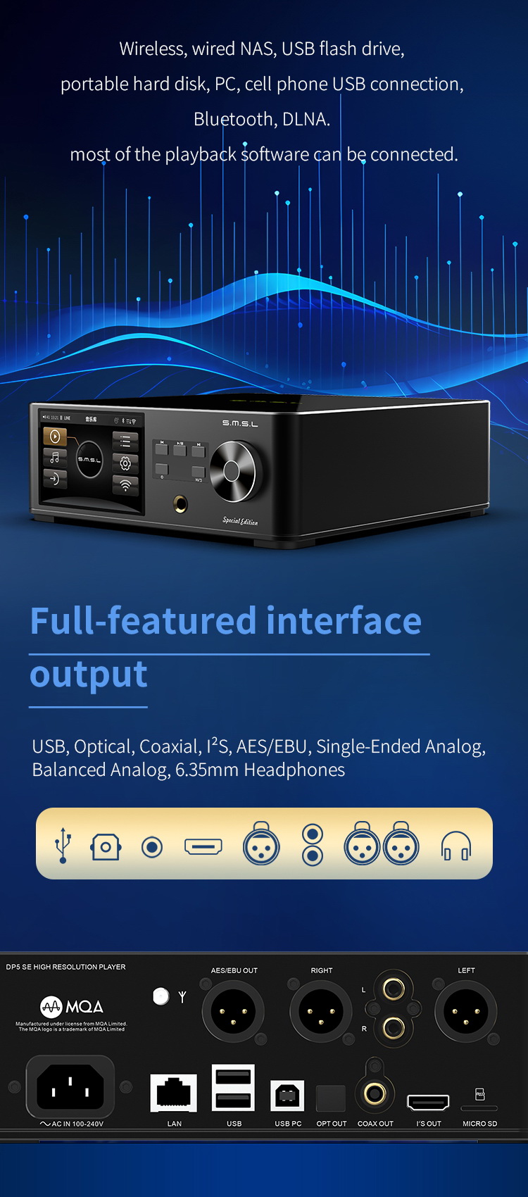 SMSL DP5SE DAP เครื่องเล่นเพลงเครือข่าย HiFi ชิป DAC/AMP ES9039Q2M รองรับ MQA ประกันศูนย์ไทย