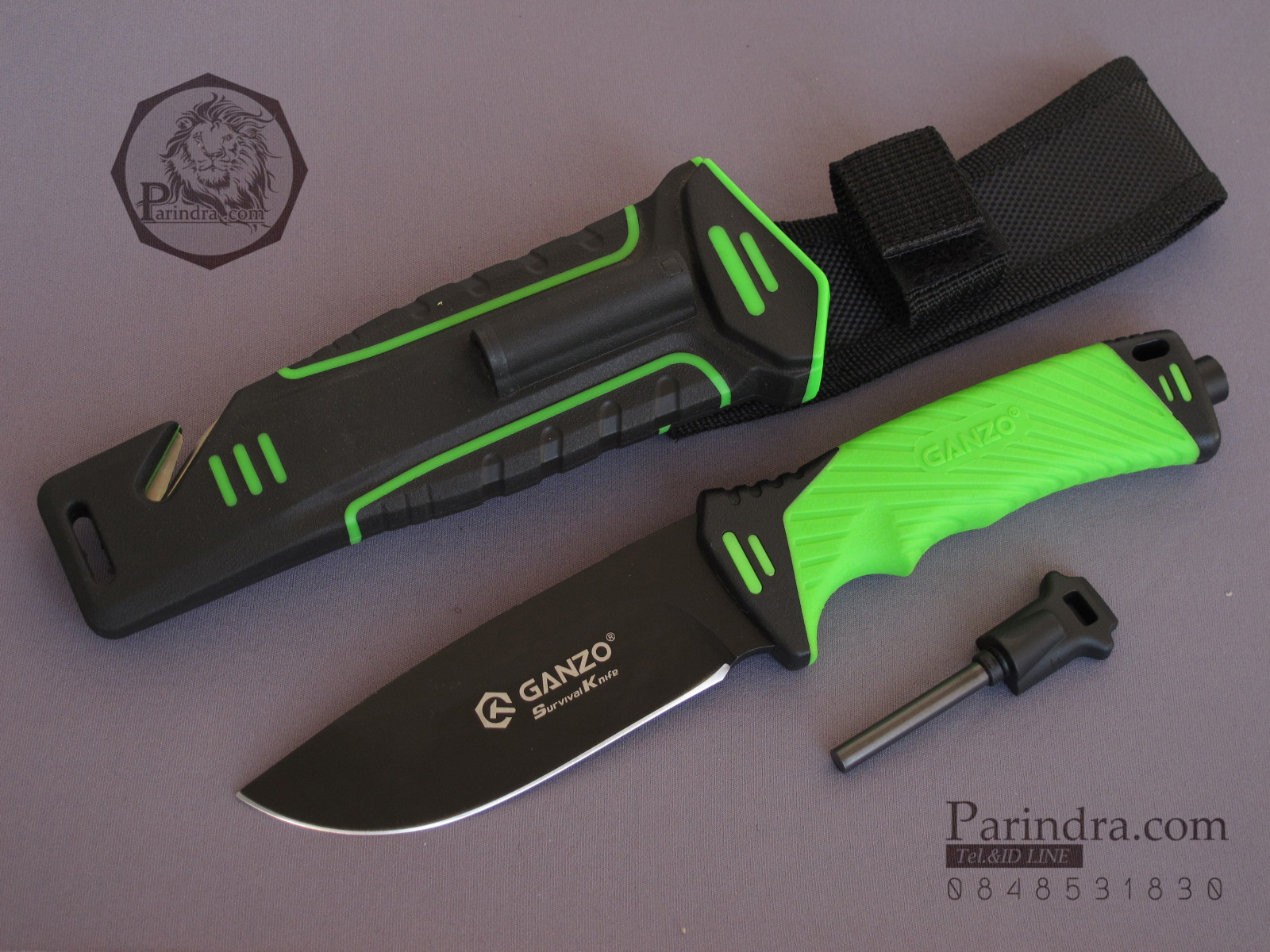 มีดใบตายเดินป่า Ganzo Hunting Survival Knife กานโซ่ รุ่น G-801 LG สีเขียวอ่อนตัดดำ ของแท้ 100%