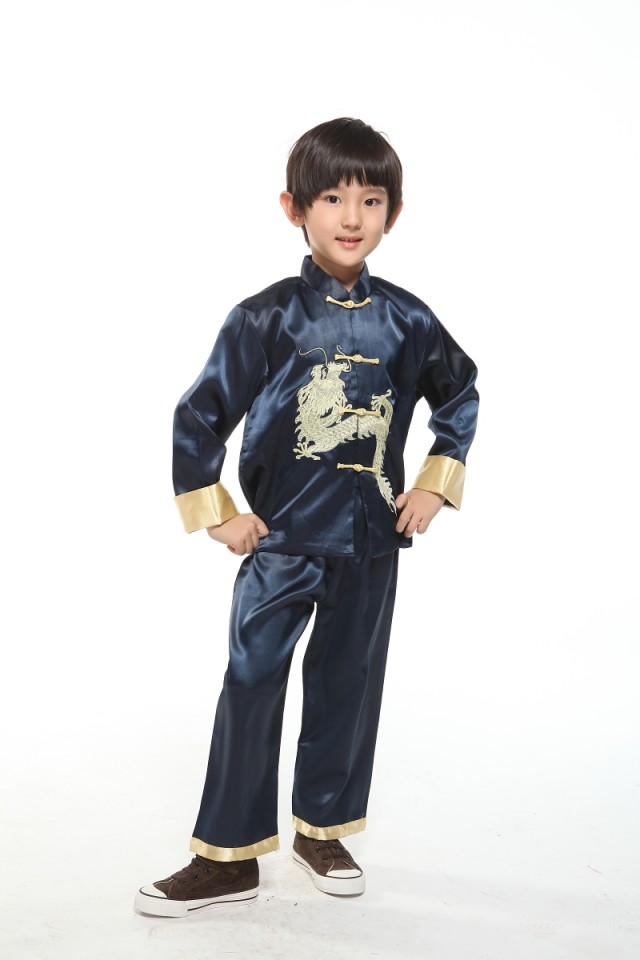 พร้อมเช่า ชุดจีนชายเด็ก เสื้อคอจีน ผ้าไหมจีน สีกรม ปักลายมังกร (เฉพาะ 1 ขวบ)