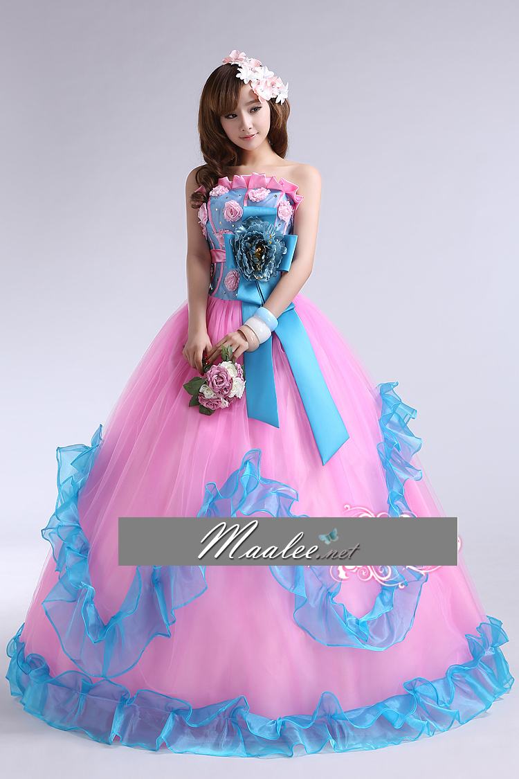 พร้อมเช่า ชุดแฟนซี ชุดราตรี เกาะอก สีชมพู ฟ้า Pastel สุดหวาน แต่งระบายกระโปรง