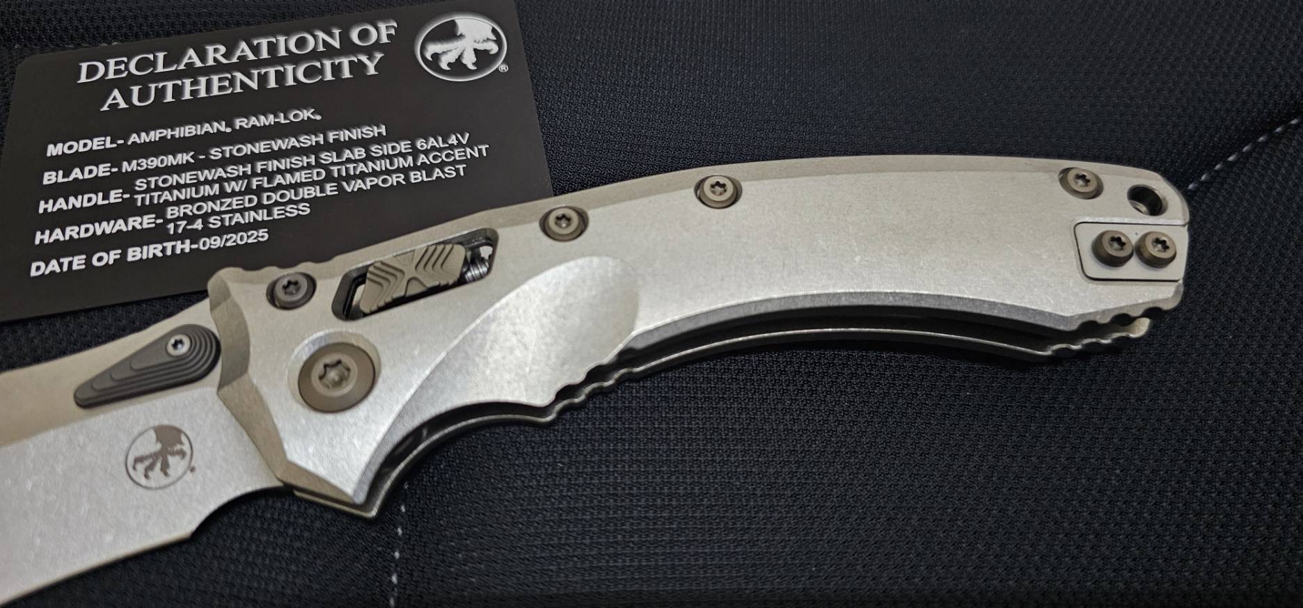 Microtech Marfione Select Amphibian RAM-LOK Manual Folding Knife 3.875" Bohler M390MK Stonewashed Clip Point Plain Blade and Slab Titanium Handles, Flamed Titanium Accents, AXIS/Crossbar Lock