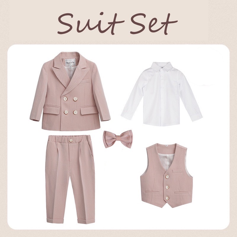 พร้อมเช่า ชุดสูทเด็กชาย สีชมพู ทอลายในเนื้อผ้า **พร้อมเช่าไซส์ 90,120,150**