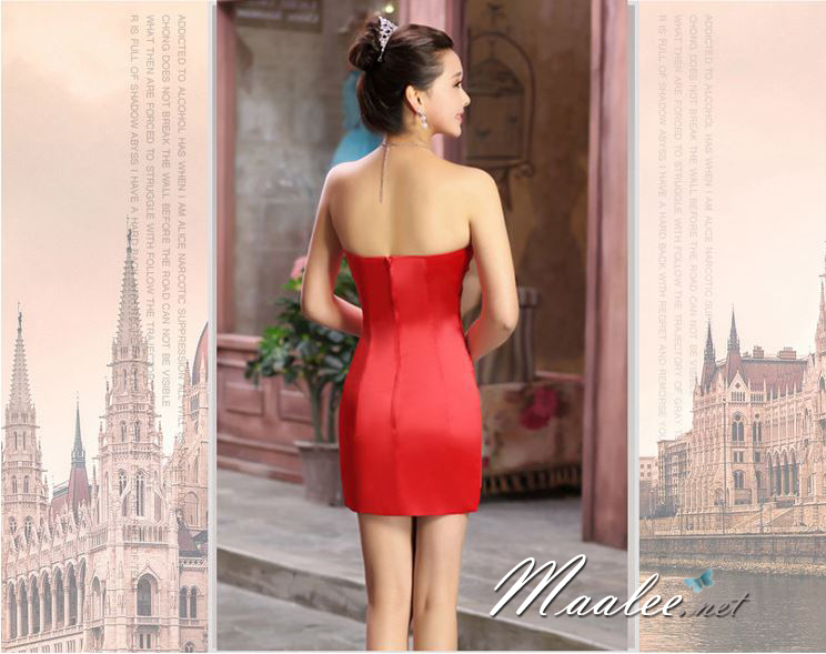 พร้อมเช่า ชุดราตรีสั้น เกาะอก เรียบหรู จับจีบเข้ารูป สีแดง