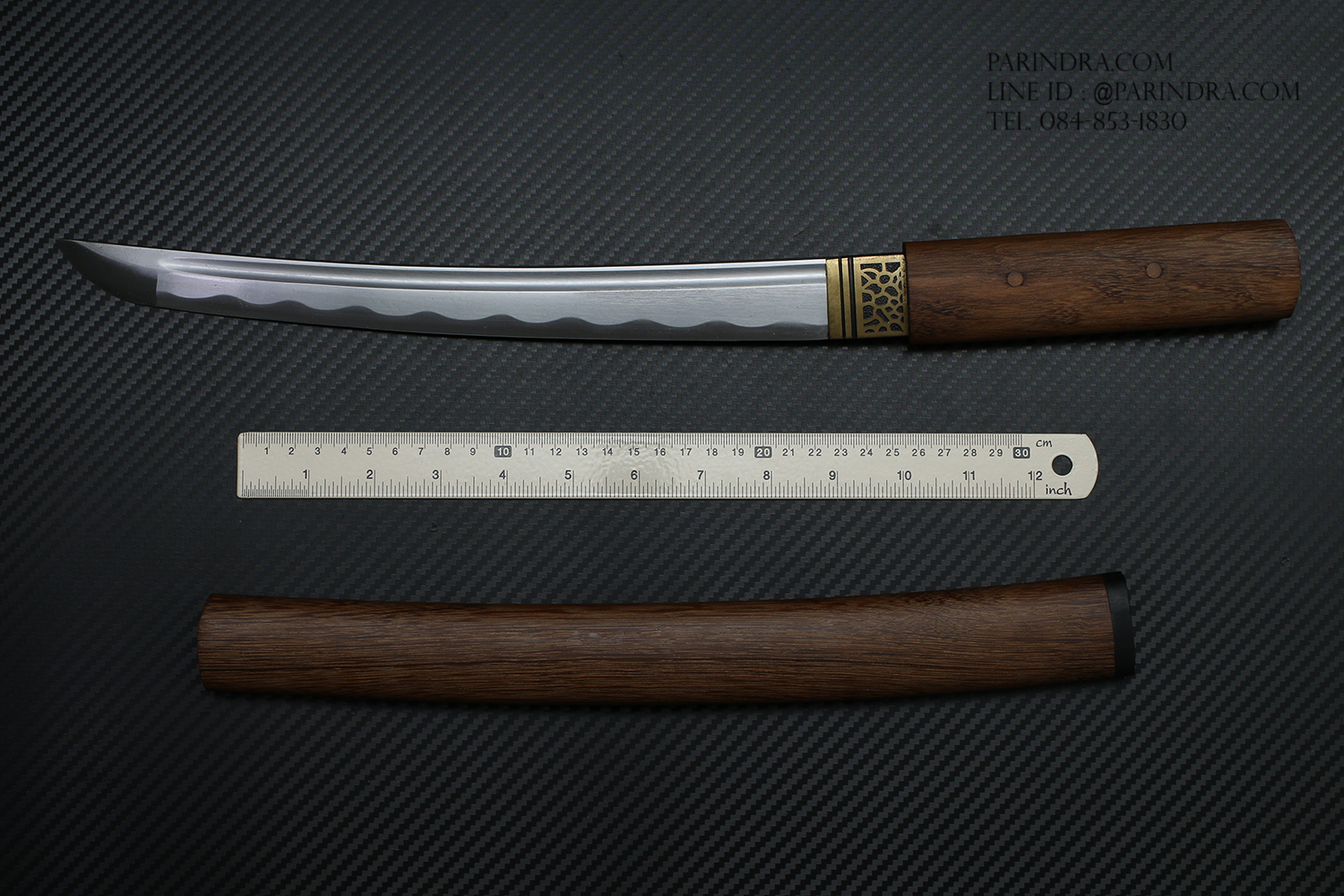 ดาบซามูไร วากิซาชิ WAKIZASHI แบบสั้น ปลอกลายเนื้อไม้สีน้ำตาล