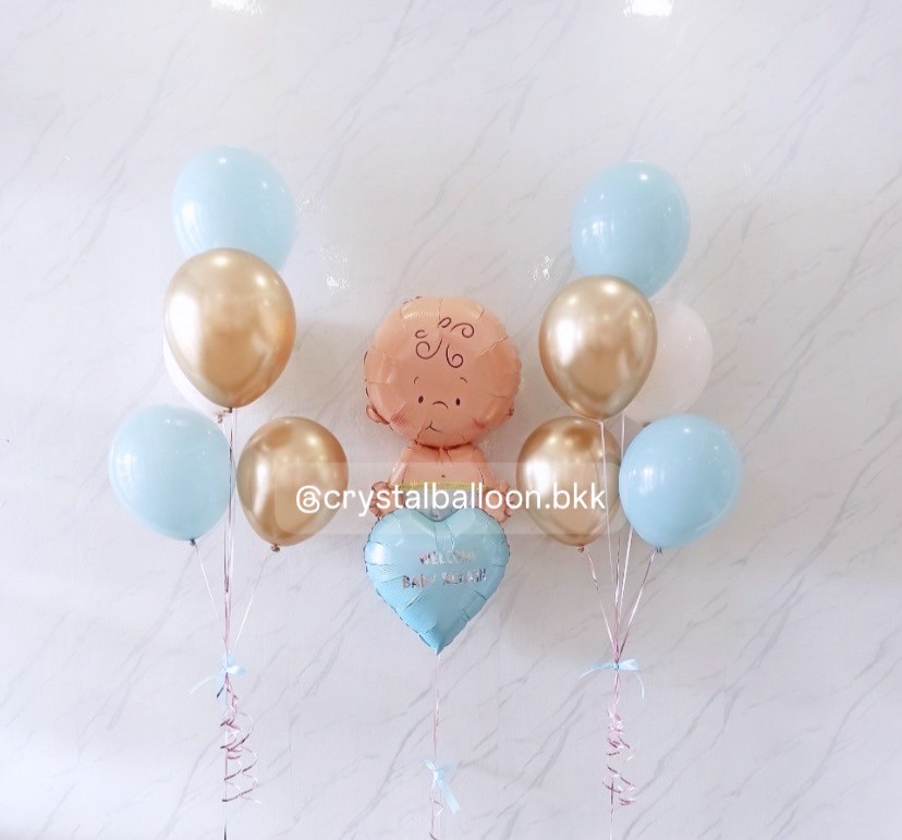 Welcome Baby ลูกโป่งแบบช่อ ลูกโป่งช่อ 5 ลูก 2 ช่อ พร้อม ฟอยล์เด็กผู้ชายเป่าลอย 1 ชิ้น ฟอยล์หัวใจ 18" 1 ชิ้น พร้อมตกแต่ง สามารถเปลี่ยนสีลูกโป่ง/สามารถเพิ่มข้อความที่ลูกโป่งได้