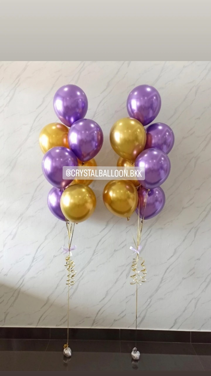 ลูกโป่ง แสดงความยินดี ช่อลูกโป่งสีโครเมี่ยม ช่อ 7 ลูก 2 ช่อ Theme สีม่วง-ทองเข้มโครเมี่ยม พร้อมตกแต่ง สามารถเปลี่ยนสีลูกโป่ง