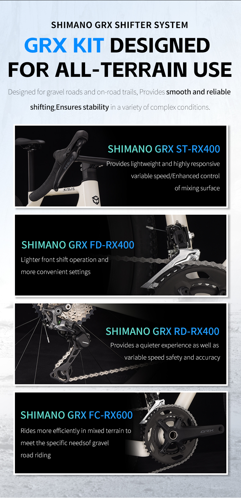 จักรยานกราเวล SAVA GELARO S6 2025 | เฟรมคาร์บอน T800 น้ำหนักเบา | Shimano GRX600 1x11 สปีด | สีขาว เทา ทอง ดำ |
