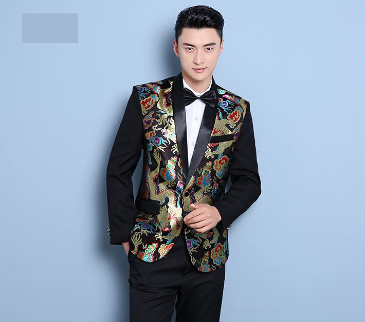 Pre-order ชุดสูทจีนชาย สีดำปกคอดำ พิมพ์ลายกราฟฟิก