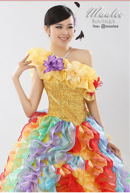 พร้อมเช่า ชุดแฟนซียาว ไหล่เดียว สีรุ้ง ระบายฟูสวย ช่วงอกปักเลื่อมแต่งดอก (ซิปหลัง)