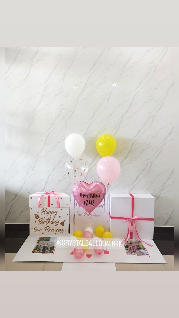 Happy Birthday Surprised Box กล่องเซอร์ไพรส์วันเกิด พร้อมตกแต่ง ฟอยส์หัวใจ 18" 1 ชิ้น ลูกโป่งใสใส่กลิตเตอร์ สามารถใส่รูปได้ 2 ใบ สามารถเปลี่ยนลูกโป่ง/เปลี่ยนข้อความ/เปลี่ยนสี-ฟอยล์ตกแต่งได้