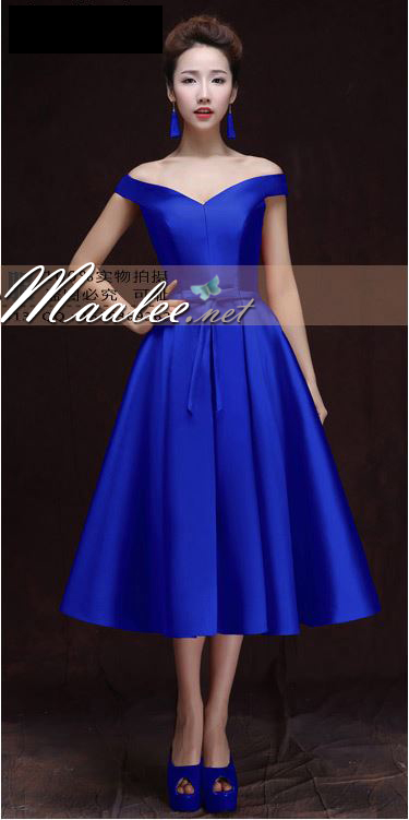 พร้อมส่ง ชุดราตรีสั้น แบบไหล่ปาด อกSweet Heart สไตล์วินเทจผ้าไหมดัชเชส กระโปรงทรงA 5ส่วน แต่งโบว์ ช่วงเอว น้ำเงิน (เชือกผูกหลัง)