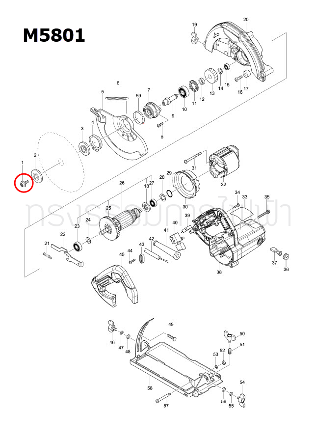 โบลต์หัวจมหกเหลี่ยม M6X20 เลื่อยวงเดือน Makita มากีต้า M5801, M5801B, M5802 [#1] Pn.266819-9 (แท้)