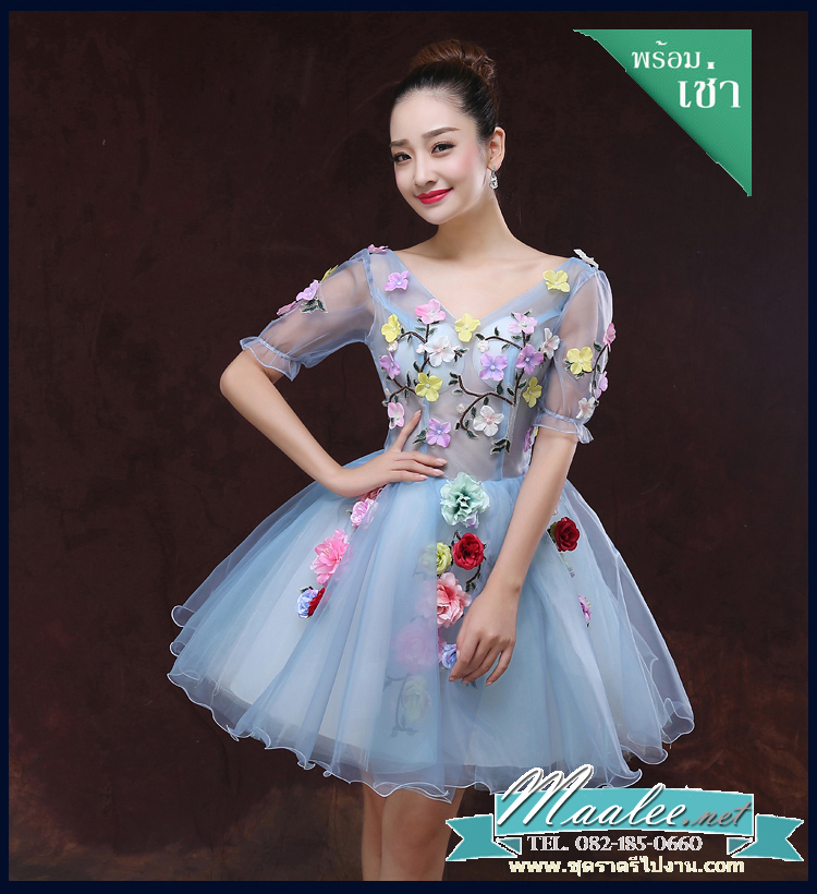 พร้อมเช่า ชุดแฟนซีสั้น สีฟ้า แขนยาว แต่งดอก Fairy สไตล์เจ้าหญิง กระโปรงพองสวยชายย้วย เชือกผูกหลัง
