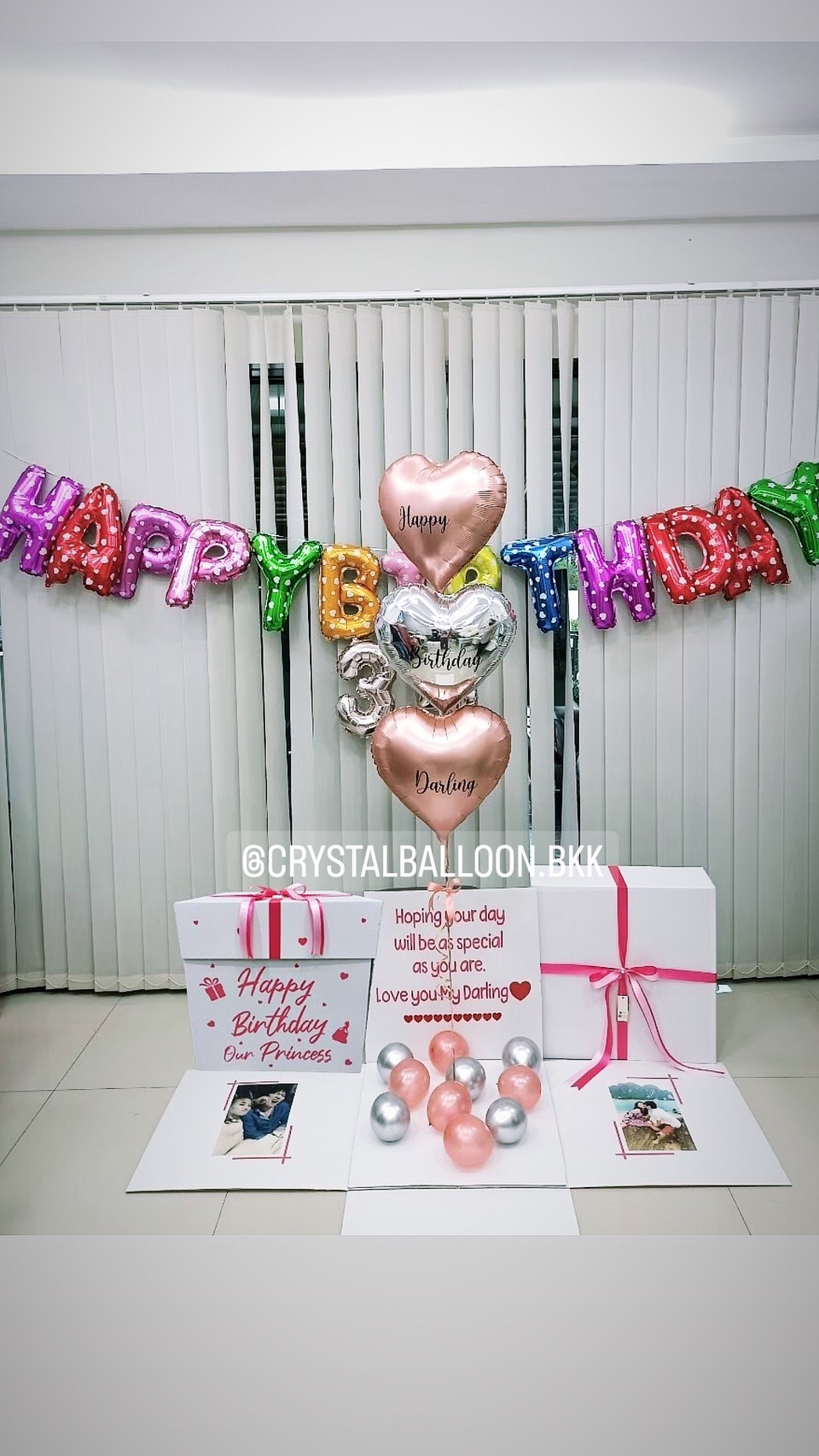 Happy Birthday Surprise Box ฟอยล์หัวใจ ขนาด 18" 3 ชิ้น พร้อม ฟอยล์ตัวอักษร Happy Birthday,ฟอยล์ตัวเลข ขนาด 16" 2 ตัว,สามารถใส่รูปได้ 2 ใบ สามารถเปลี่ยนสีลูกโป่ง/เปลี่ยนข้อความ/เปลี่ยนสี-ฟอยล์ตกแต่งได้