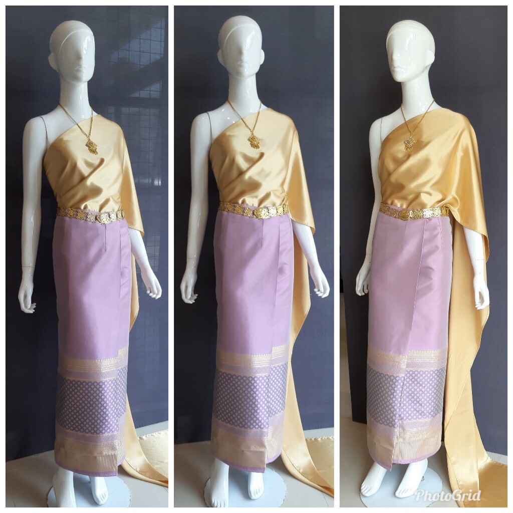 เช่า ชุดไทย ชุดเพื่อนเจ้าสาว ชุดไทยผ้าซิ่นสีเทาชมพู สไบเรียบทอง