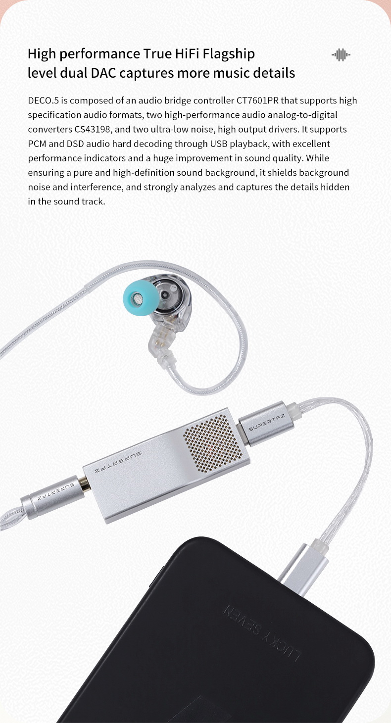 SuperTFZ Deco.5 DAC/AMP พกพาชิป CS43198 x2 ตัวเล็กกำลังขับสูง ไม่ต้องชาร์จ ไม่ต้องใช้ไดรเวอร์ ประกันศูนย์ไทย