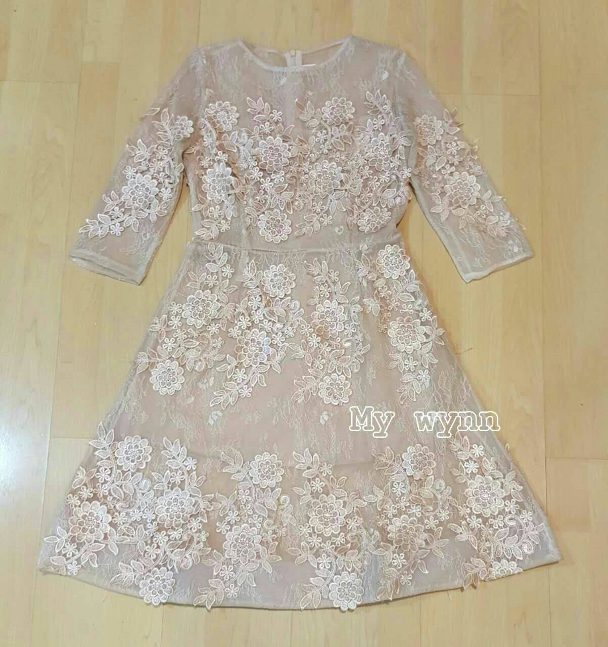 พร้อมเช่า ชุดเดรส/ชุดราตรีสั้น แขนยาว สี Apricot ลูกไม้สวย