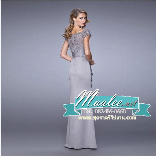 พร้อมเช่า ชุดราตรียาว แขนสั้น ผ้าซาติน จับจีบตีเกล็ดช่วงเอว เนื้อผ้าลูกไม้ เรียบหรู สีเทา