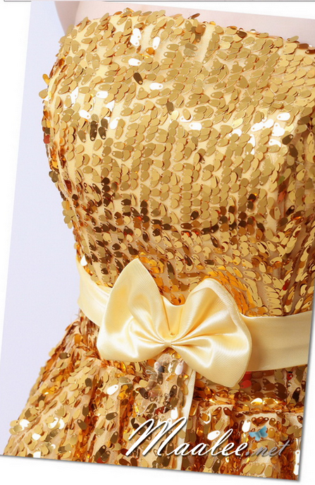 พร้อมเช่า ชุดราตรีสั้น เกาะอก สีทอง Glitter กระโปรงทรง Balloon