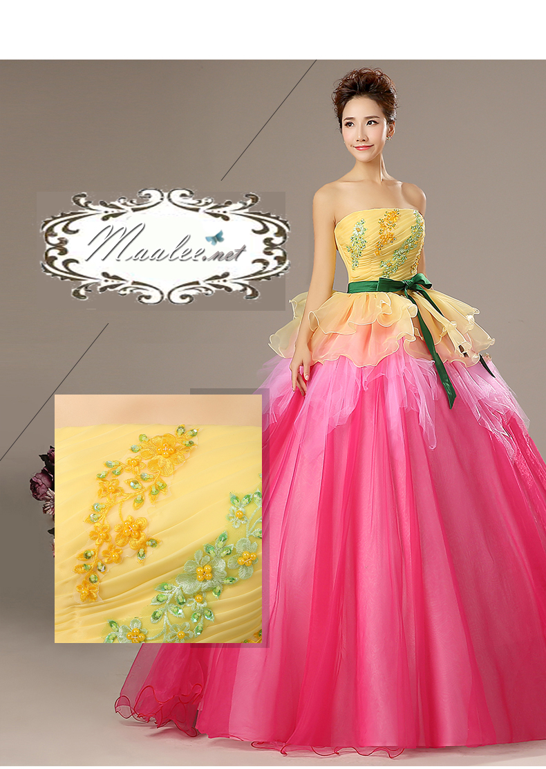 พร้อมเช่า ชุดแฟนซี ชุดราตรียาว แบบเกาะอก กรโปรงผ้าแก้ว สีเหลือง+ชมพู อกแต่งลูกปัดหรู โบว์คาดเอวสีเขียว