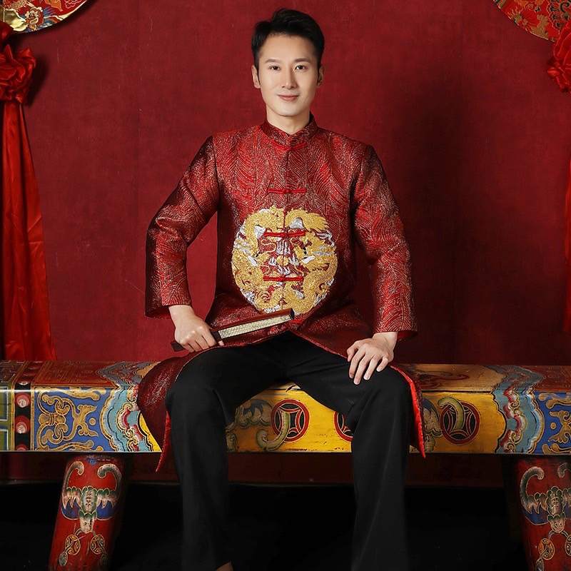 พร้อมส่ง เสื้อคอจีนยาวแขนยาว ผ้าไหมจีน สีแดงปักดิ้นทอง (ไซส์ M)