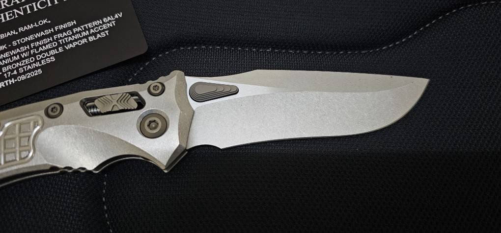 Microtech Marfione Select Amphibian RAM-LOK Manual Folding Knife 3.875" Bohler M390MK Stonewashed Clip Point Plain Blade and Frag Titanium Handles, Flamed Titanium Accents, AXIS/Crossbar Lock