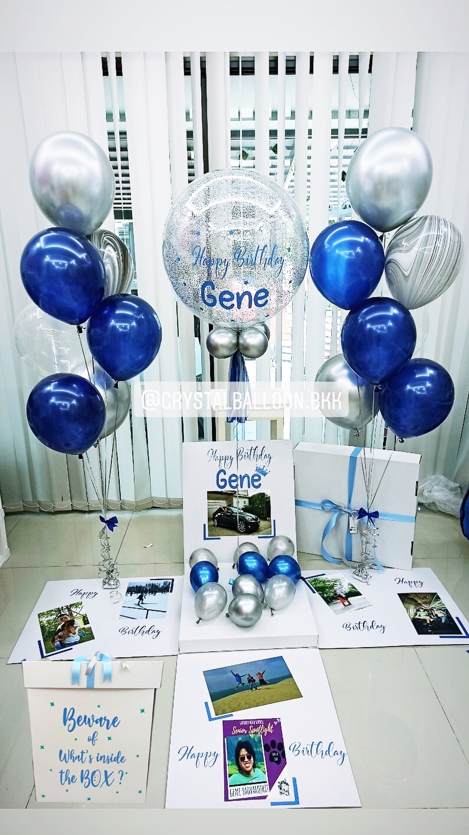 Surprise Box กล่องเซอร์ไพรส์วันเกิด Bubble ขนาด 24" Theme น้ำเงิน พร้อมตกแต่ง ช่อลูกโป่ง 7 ลูก 2 ช่อ,ลูกโป่งลายหิน USA 2 ลูก,ลูกโป่งใส ใส่กลิตเตอร์,สามารถใส่รูปได้ 7 ใบ สามารถเปลี่ยนสีลูกโป่ง/เปลี่ยนข้อความได้