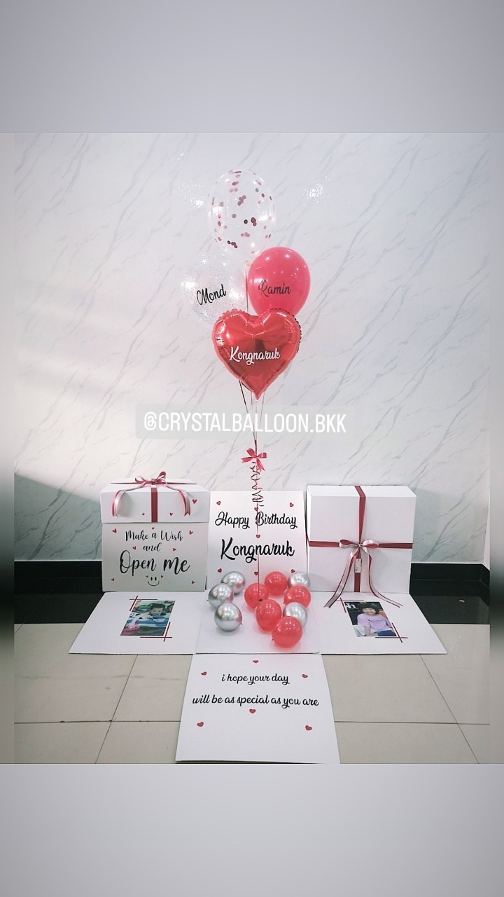 Happy Birthday Surprised Box กล่องเซอร์ไพรส์วันเกิด พร้อมตกแต่ง ฟอยล์หัวใจ 18" 1ชิ้น ลูกโป่งใสใส่กลิตเตอร์ สามารถใส่รูปได้ 2 ใบ สามารถเปลี่ยนสีลูกโป่ง เปลี่ยนข้อความได้
