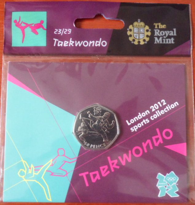 เหรียญที่ระลึก การแข่งขันกีฬาโอลิมปิก - โอลิมปิก ลอนดอน 2012; THE ROYAL MINT ชนิด 50 เพนซ์ ลายเทควันโด้ ใหม่ / OLYMPICS International Sports Tournament Souvenir Coin - OLYMPICS LONDON 2012; THE ROYAL MINT 50 Pence TAEKWONDO NEW