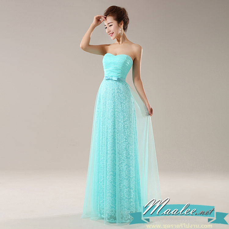 พร้อมส่ง ชุดราตรียาว เกาะอกลูกไม้ คลุมผ้าตาข่ายชั้นนอก แต่งโบว์ช่วงเอว สีฟ้า
