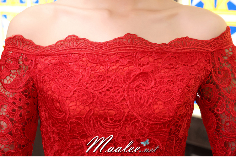 พร้อมเช่า ชุดราตรียาว สีดำ ทรงหางปลา ลูกไม้ทัั้งตัว เปิดไหล่ แขนสามส่วน (เชือกผูกหลัง)