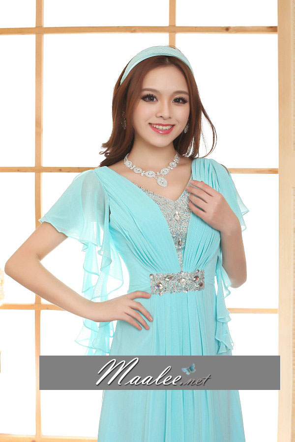 พร้อมเช่า ชุดราตรียาว สีฟ้า ผ้าชีฟอง จอเจีย แขนระบาย ทิ้งชายสวย