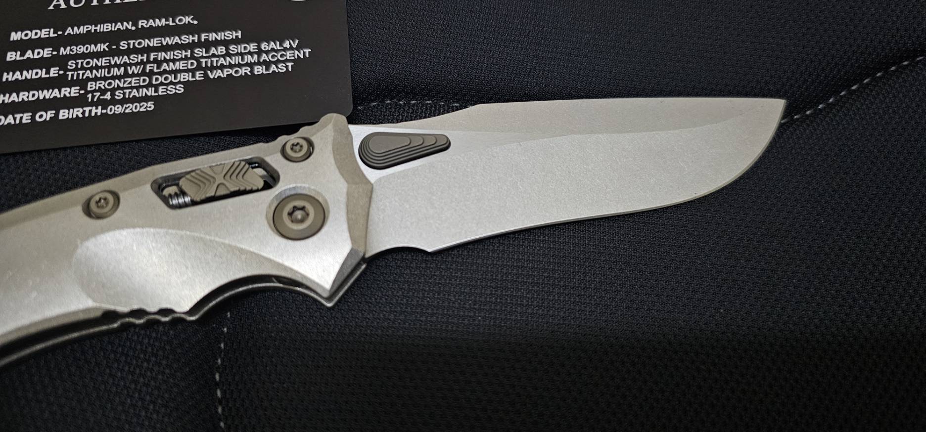 Microtech Marfione Select Amphibian RAM-LOK Manual Folding Knife 3.875" Bohler M390MK Stonewashed Clip Point Plain Blade and Slab Titanium Handles, Flamed Titanium Accents, AXIS/Crossbar Lock